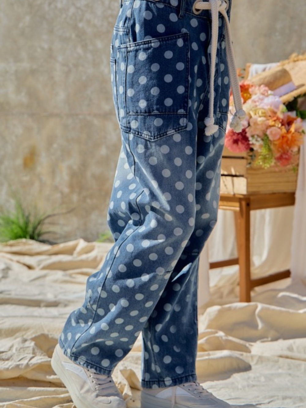 "The Harmony" Polka Dot Printed Denim Pants With Waist Belt - Picture 6 of 8